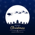 Xmas greeting card with Merry Christmas and Happy New year text. Santa Claus sleigh with reindeer flying Royalty Free Stock Photo